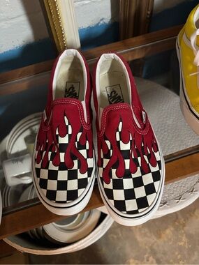 Vans Red Flame Checkerboard Slip-On Sneakers